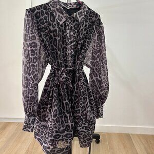 Leopard Print Chiffon Dress, Long Sleeve, Belted Waist